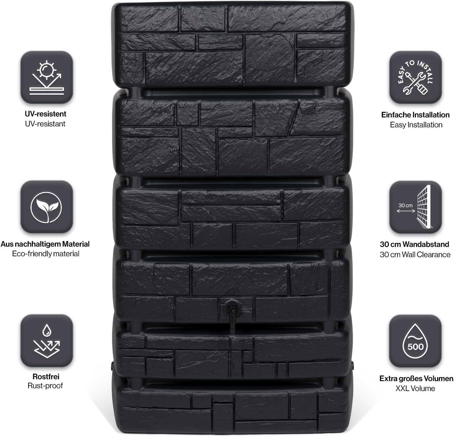 Kreher Tonneau à eau XXL Tower Stone avec robinet, aspect pierre anthracite/gris, volume de 500 l, dimensions (l x p x h) : 77,5 x 58,3 x 130 cm (anthracite)