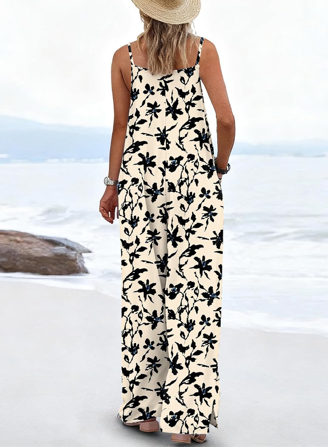 Dokotoo Women's Oversized Summer Boho Casual Jumpsuits 2026 Fashion Boho Wide Leg Loose Fit Pants Sleeveless Ladies Jumpsuits Long Pant Printed Causal Rompers Overalls With Pockets Apricot XXLarge - Image 2