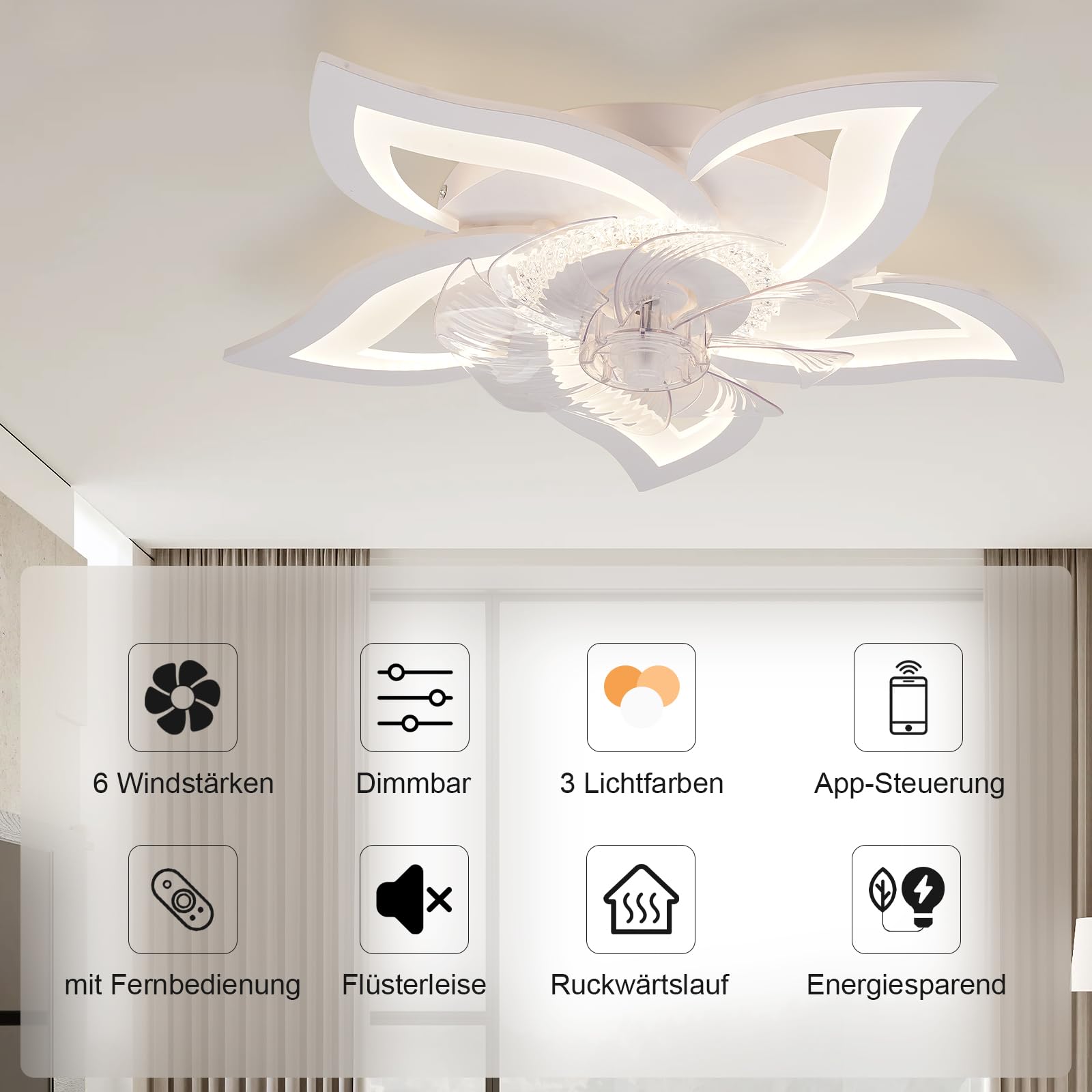 LED Deckenventilator mit Licht Leise, 69 cm Deckenventilator mit Beleuchtung Dimmbar (3000K-6000K), App & Fernbedienung, für Schlafzimmer/Wohnzimmer, 47W, Weiß