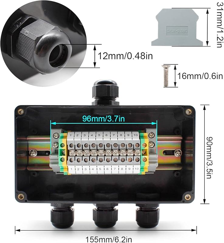 SRJQXH IP66 Vízálló Elosztódoboz 155x90x60mm - 10 Pólusú UK2.5B Sorkapcsokkal, DIN Sínnel, Kültéri Használatra, Fekete ABS Anyagból, Vezérlő