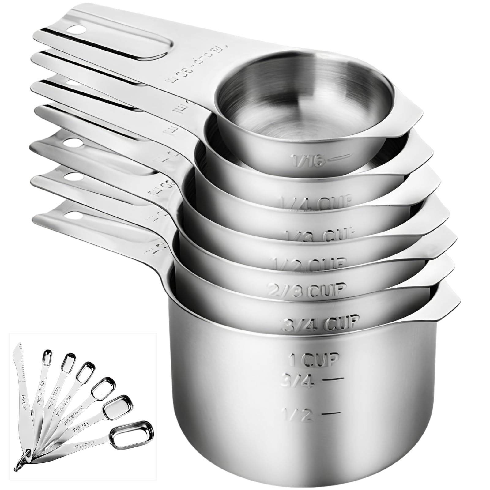 14-teiliges Messbecher- und Messlöffel-Set aus Edelstahl, 8,1 oz Becher und 0,5 oz Löffel, Nivellierer und Maßangaben für Küche und Backen, doppelt graviert für trockene und flüssige Zutaten