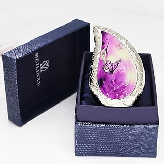 M MEILINXU Small Keepsake Urn for Human Ashes - Mini Cremation Urns for Ashes -Fits a Small Amount of Cremated Remains -Display at Home or Office (Teardrop - Butterfly & Tulip Purple -Brass Engraving