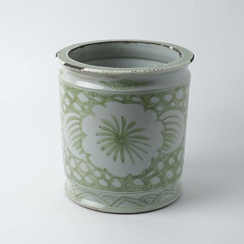 Antique Hand-Painted Flower and Bird Porcelain Pen Holder Old Style Ceramic Planter 9.7 Inch Large Plants Vase Blue & White Porcelain Silla Flower Plant Pots (Light Green)