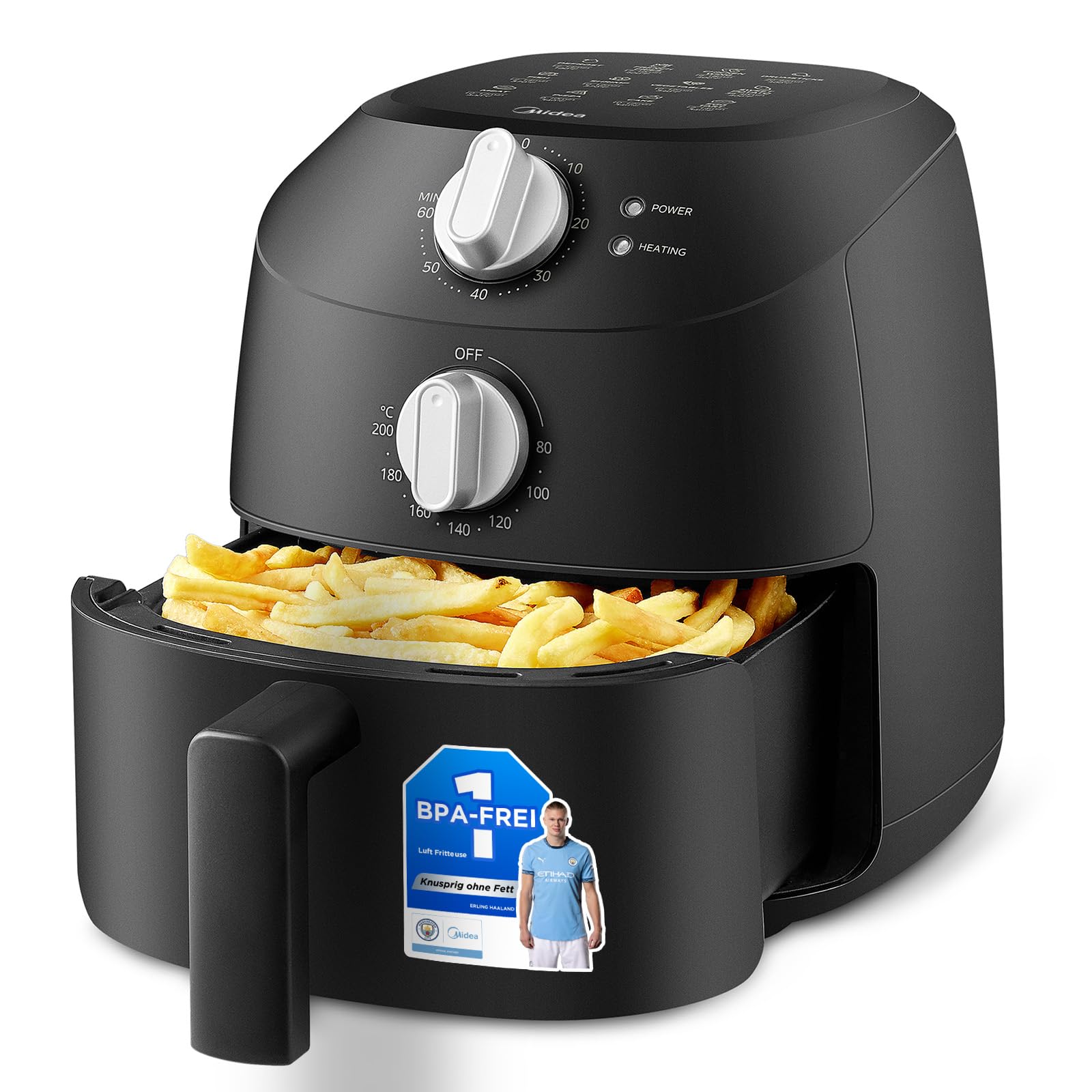 Midea Heißluftfritteuse 2L,1150W Airfryer, Frittieren ohne Öl, Heißluft Fritteusen, Automatische Abschaltfunktion, ölfrei, Leicht zu reinigen, BPA-frei, Schwarz