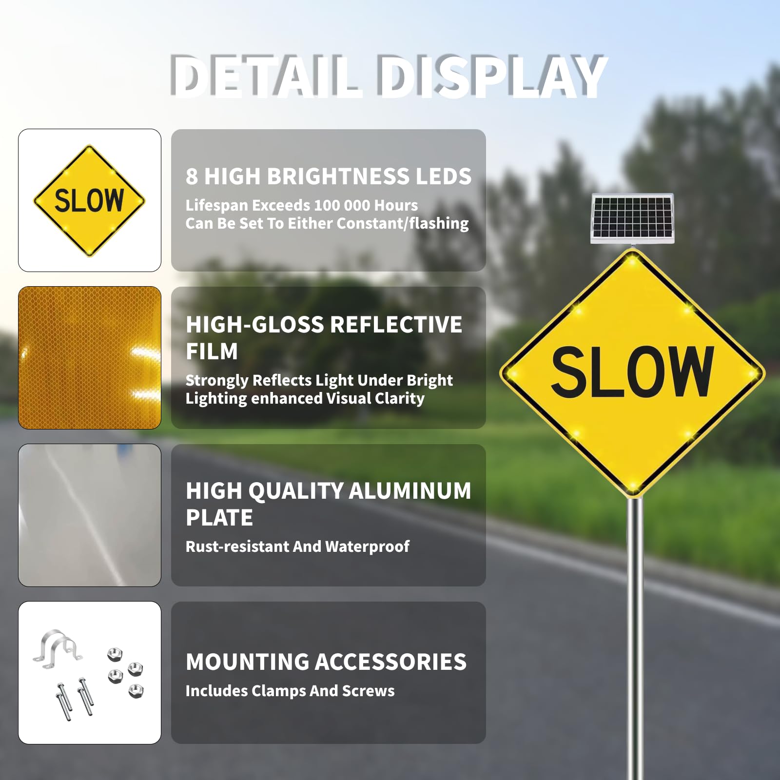 Señal Luminosa De Seguridad Intermitente con LED – Alimentada por Energía Solar, Cartel De Aluminio Reflectante para Seguridad Vial Exterior, Marco De Aluminio, 8 LED 24"