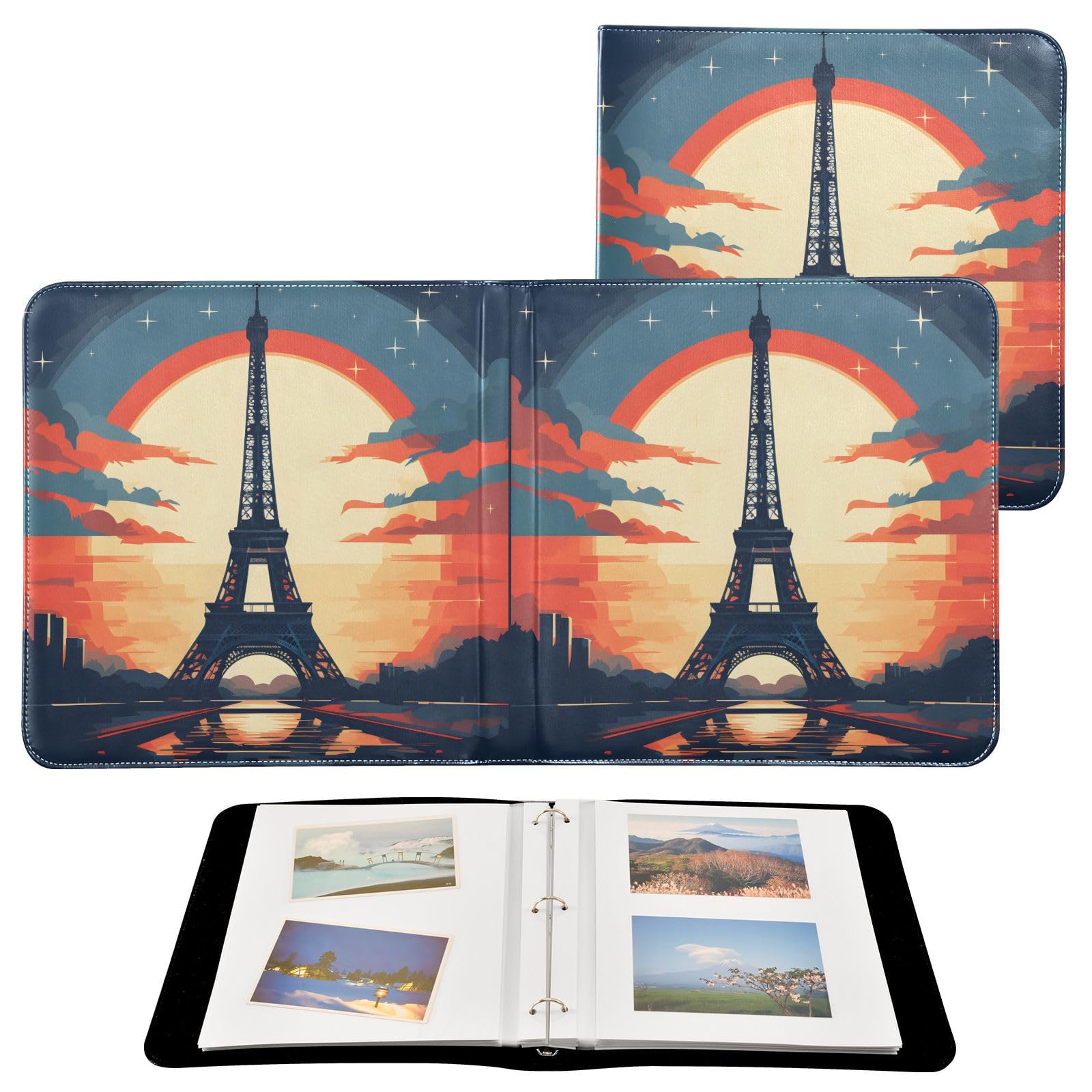 JIPONI Eiffel Tower and Sunset Large Photo Album, DIY Leather Cover Scrapbook Albums for 4x6 5x7 6x8 Pictures, Self Adhesive Memory Book for Wedding, Baby, Family