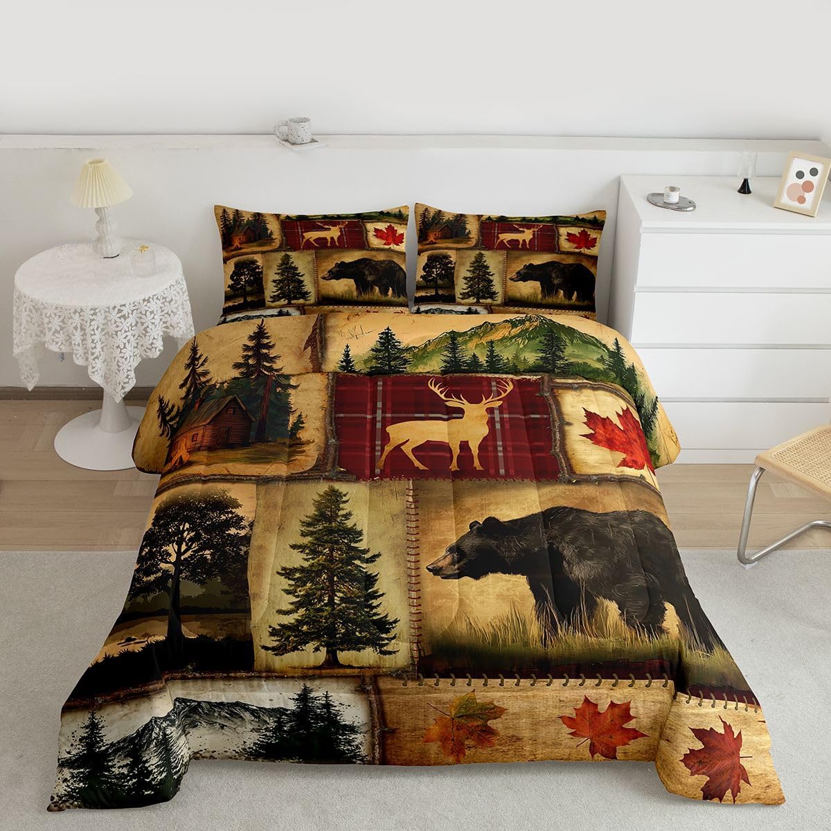 Rustic Farmhouse Bedding Comforter Sets Queen, Country Cabin Lodge Bedding Set, Hunting Bear Wildlife Comforter for Bedroom, Maple Leaves Duvet Insert, Woodland Rustic Bedding All Season, Red Brown - Image 3