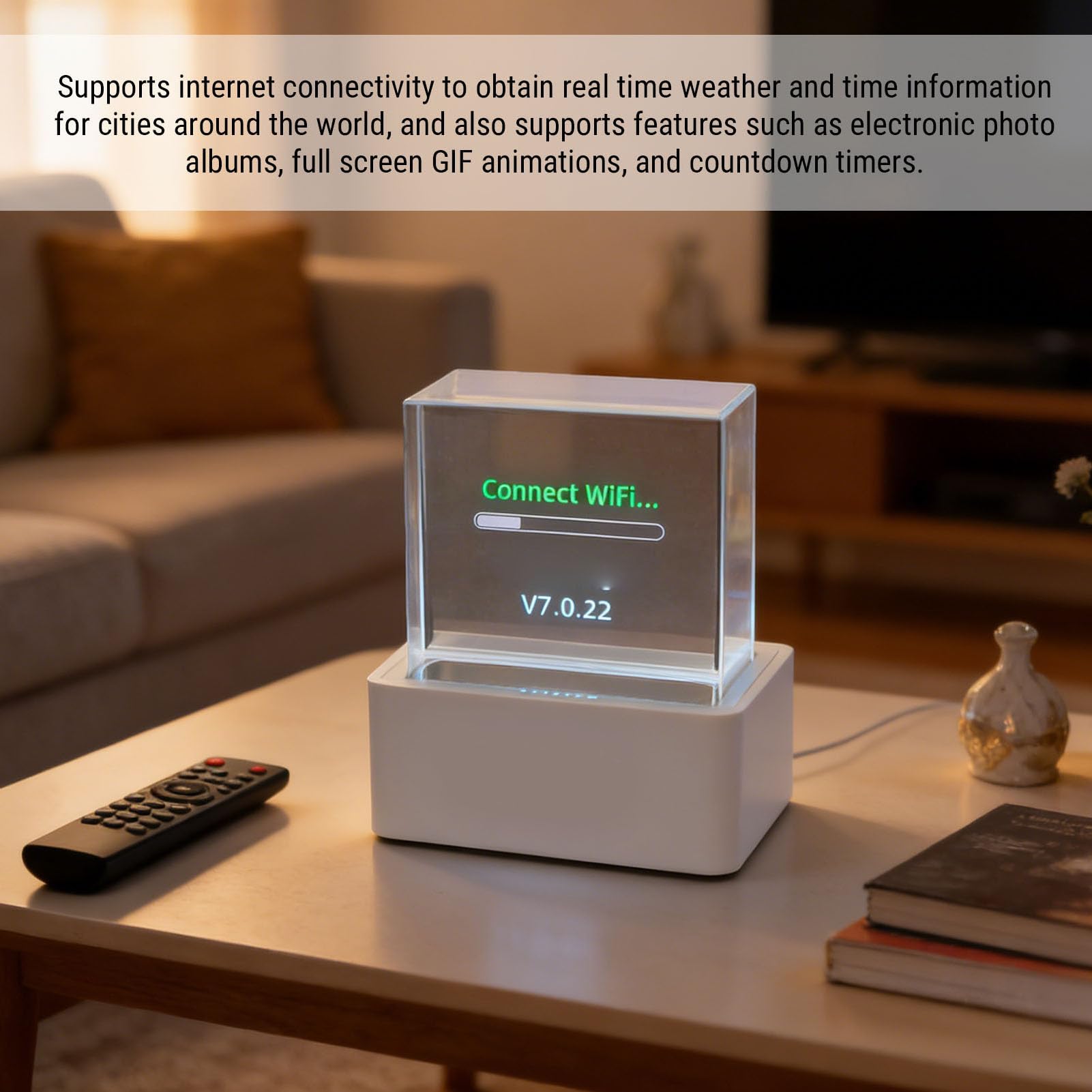 Denash Affichage de Photos 3D en Cristal Holographique à LED, Cube D'hologramme Immersif avec Animations GIF, Station Météo Intelligente, Horloge Numérique, Album D'images