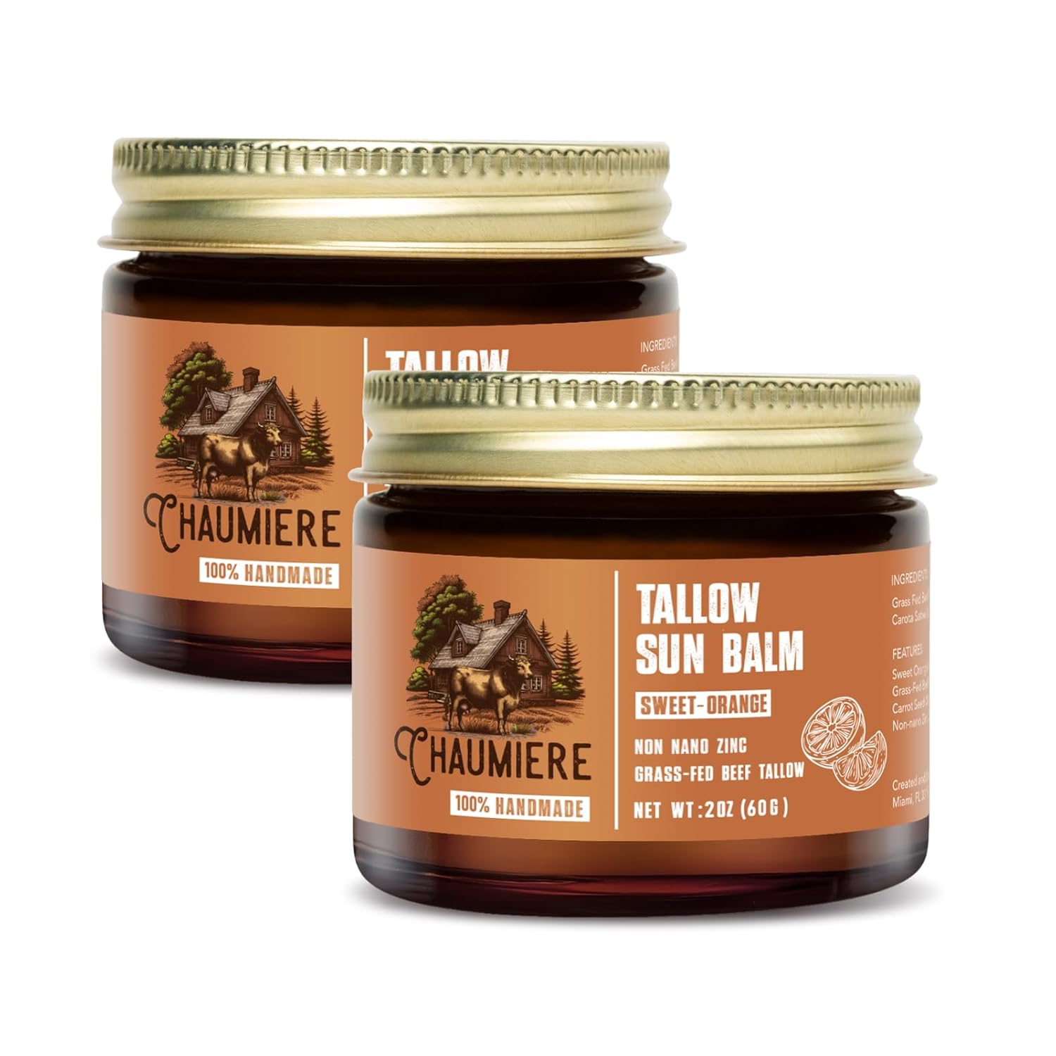 Sweet Orange Tallow Sunscreen SPF 50 – Grass-Fed Beef Tallow Balm with Carrot Seed Oil & Non-Nano Zinc – Organic Face & Body Moisturizer, Reef Safe, Naturally Scented – 2.5oz x2, Made in USA