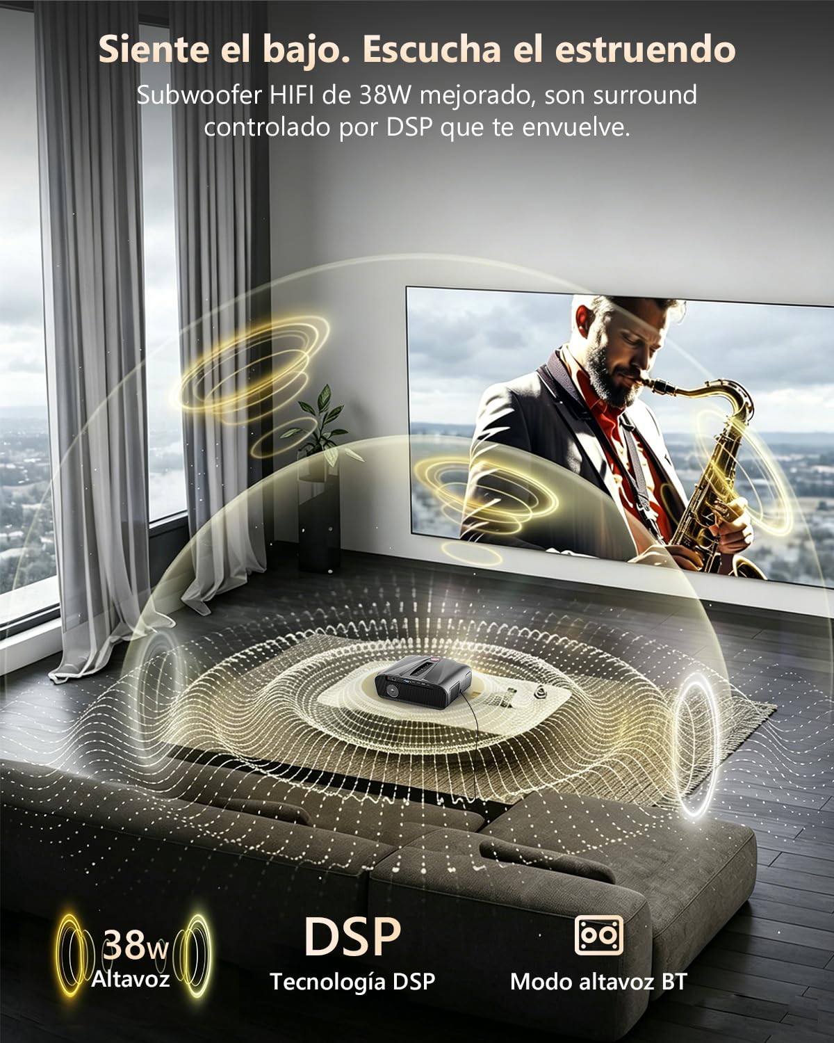 Proyector 4K UHD de 2300 ANSI para Uso diurno, Cine en casa, HDR10, WiFi 6, Bluetooth, NFC, Proyectores Inteligentes con Android, Enfoque automático/corrección Trapezoidal, HDMI ARC, USB, WLAN