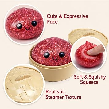 Red Dumpling Squishy with Steamer Basket, Dim Sum Style Squeeze Item, Tactile Sensory Object for Desk Display, Creative Relaxation Piece for Home and Office