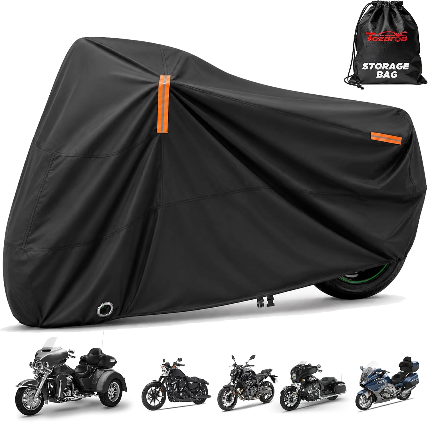 Motorcycle Cover Waterproof Outdoor Heavy Duty All-Weather UV Protection with Reflective Strips & Lock Holes,Storage Bag,Sport,Fits Most Cruiser,Touring,Street,Dirt Bike (Length up to 116")