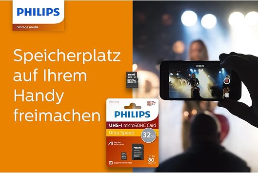 Philips Ultra Speed Micro SDHC Card 32 GB + SD Adapter UHS-I U1, reading speed up to 80 MB/s, A1 Fast App Performance, V10, memory card for smartphones, tablet, PC, card reader, Full HD video