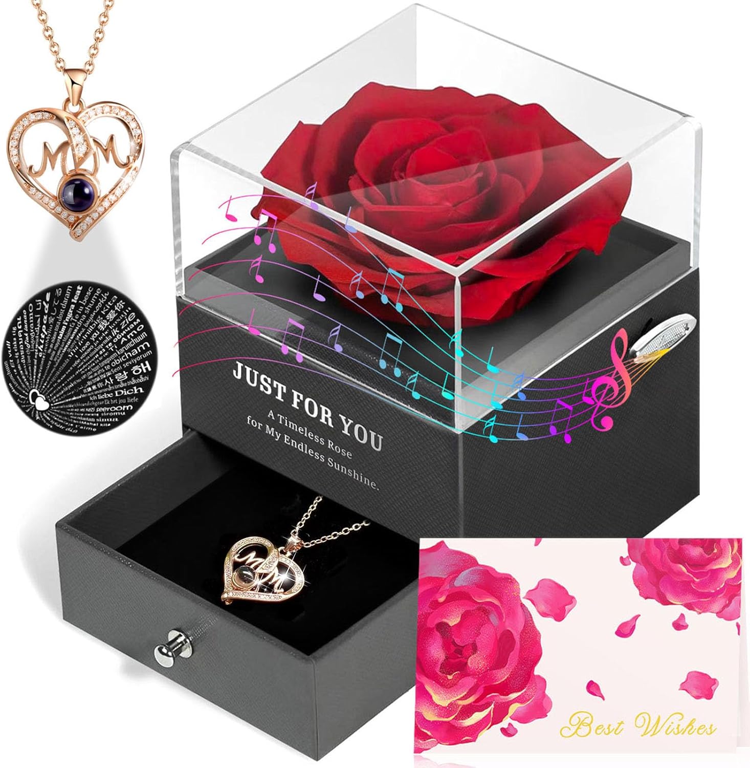 ADDWel Gifts for Mom Birthday Mothers Day, Real Preserved Rose Gift with I Love You Mom Necklace and Music Box You are My Sunshine, Timeless Elegant Gifts from Husband Son or Daughter for Moms Bday