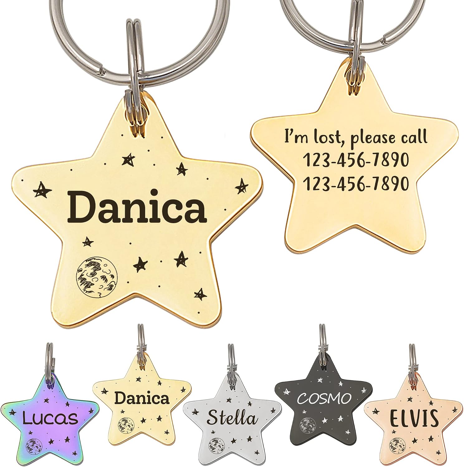 Anavia Starry Sky Theme Pet ID Tags in Half Moon & Star Shape, Personalized Dog Name Tag Cat Tag, Glossy Stainless Steel Gold Plated Black Rainbow Dog Collar Tag (Medium, Star Shape, Gold)