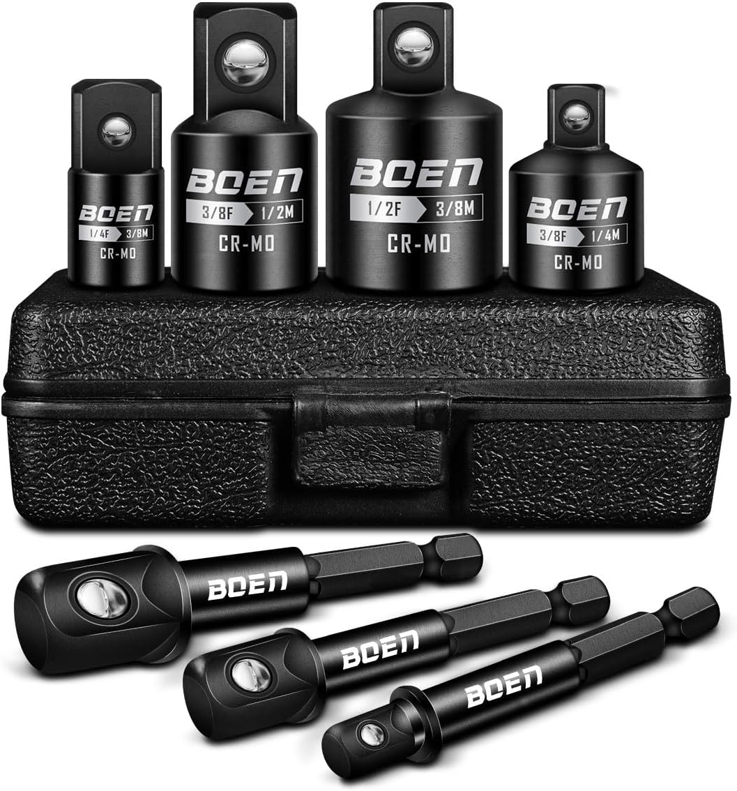 BOEN 7 Pieces Impact Socket Adapter and Reducer Set, 1/4" & 3/8" & 1/2" Drive Socket Adapter Set and 1/4" Drive SAE Hex Shank with Storage Case