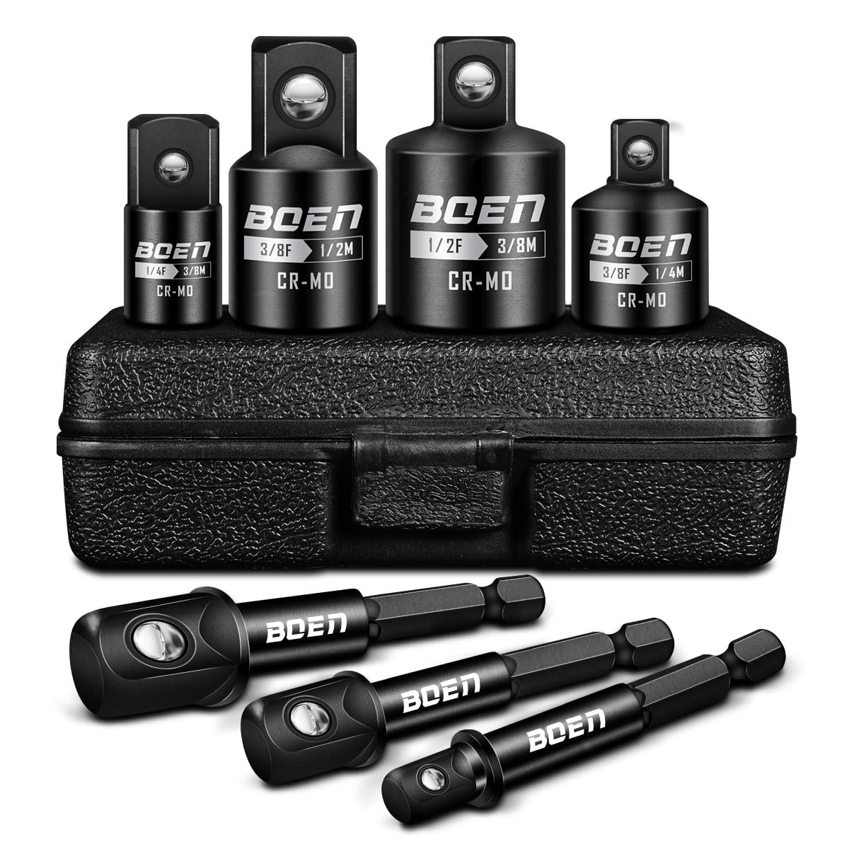 BOEN 7 Pieces Impact Socket Adapter and Reducer Set, 1/4" & 3/8" & 1/2" Drive Socket Adapter Set and 1/4" Drive SAE Hex Shank with Storage Case