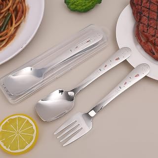 Cute Cartoon Spoon Fork Dinnerware Sets with Case Cute Kawaii Portable Travel Stainless Steel Cutlery Set Kitchen Utensils Tableware (Rabbits,16.5x4cm)