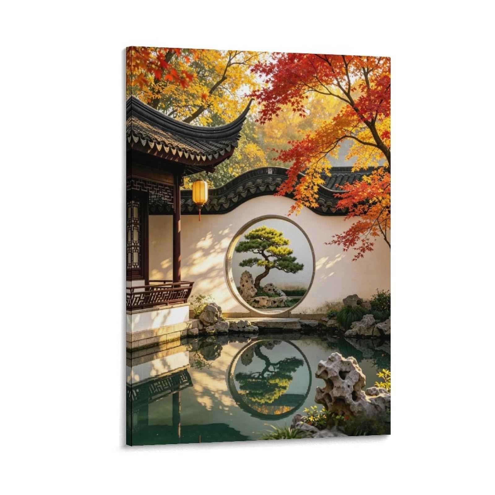 IEJKLUVWX Oriental Autumn Courtyard Wall Pictures Maple Bonsai Pond Waterproof Canvas Vibrant Colours High Definition for Sofa Background Hallway Gift Buyer Original 20x30inch(50x75cm)