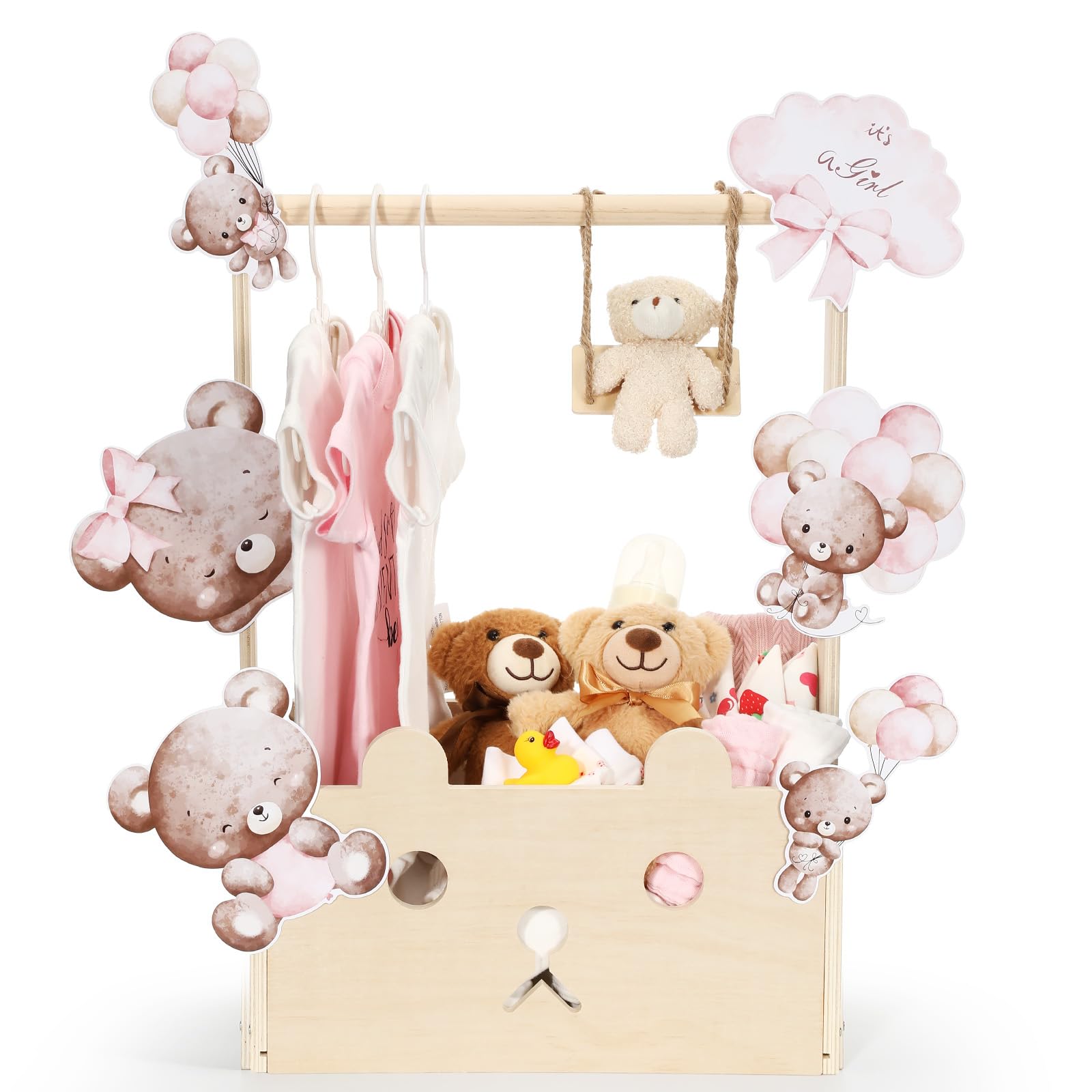 Cinnvoice Baby Shower Bear Gift Baskets with Hanger Rack, Wooden Crate Closet Bear Cards Decoration Crate for Baby Boys Girls Pregnancy New Parent