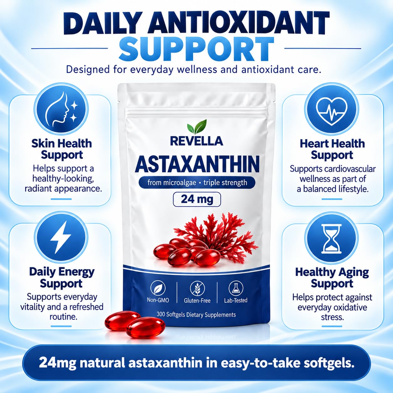Revella Astaxanthin, 24mg Softgel Supplements, Antioxidant Support, Skin, Eye & Joint Wellness, Non-GMO, Gluten-Free, 300 Softgels — Amazon image 7