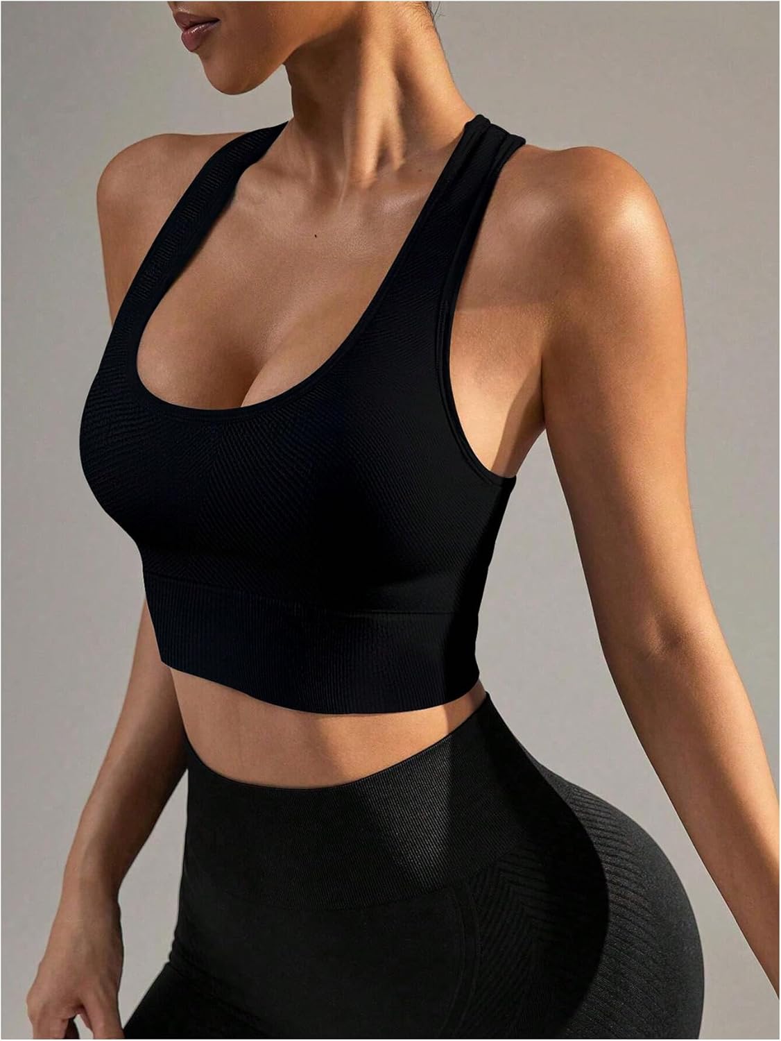 SHENHE Women's Seamless Sports Bra Racerback Ribbed High Support Padded Workout Crop Tank Top - Image 4