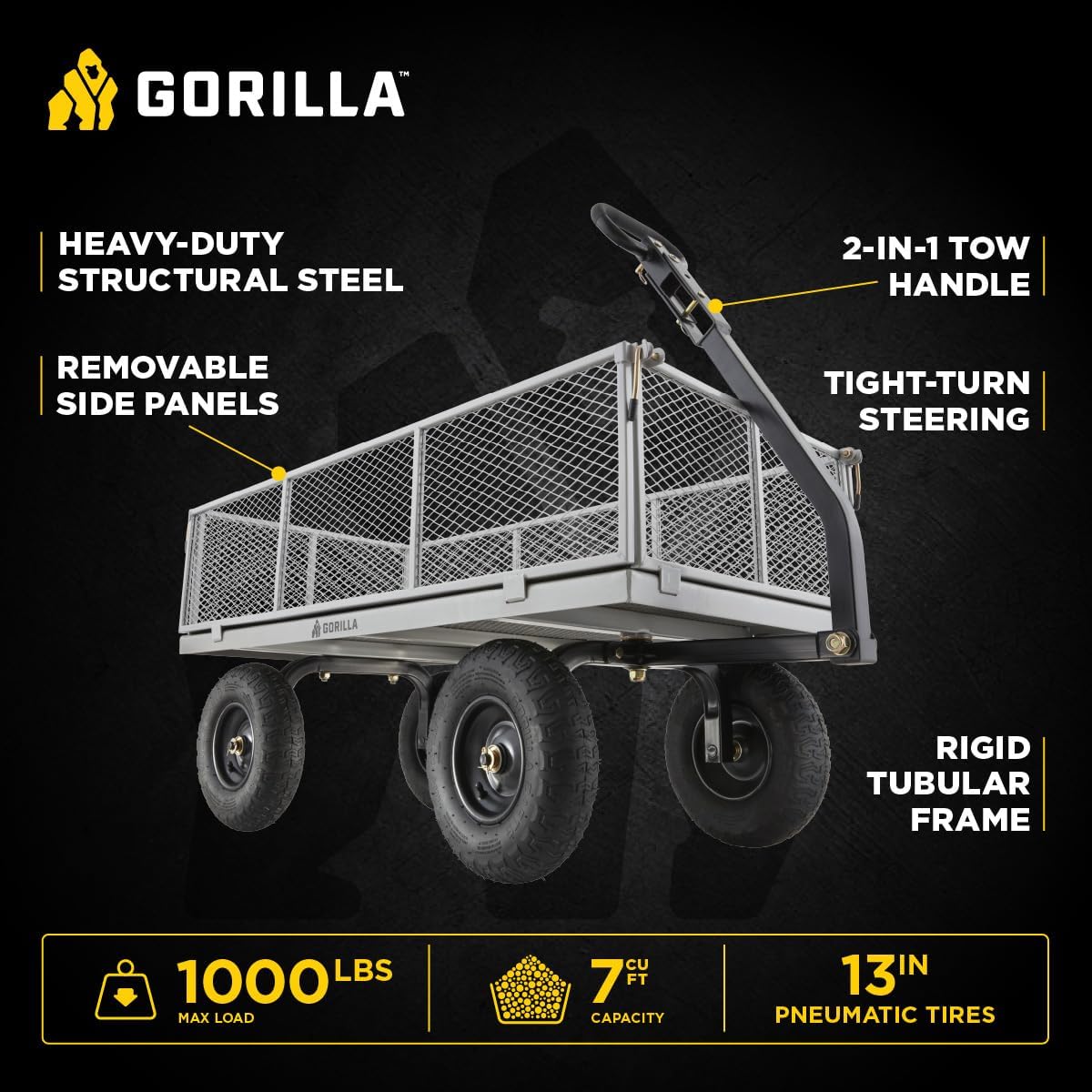 Gorilla Carts Steel Utility Garden Cart, 1,000-Pound Capacity, Gray - Heavy-Duty Outdoor Wagon with Removable Sides, 13-Inch Pneumatic Tires, and Convertible Pull or Tow Handle