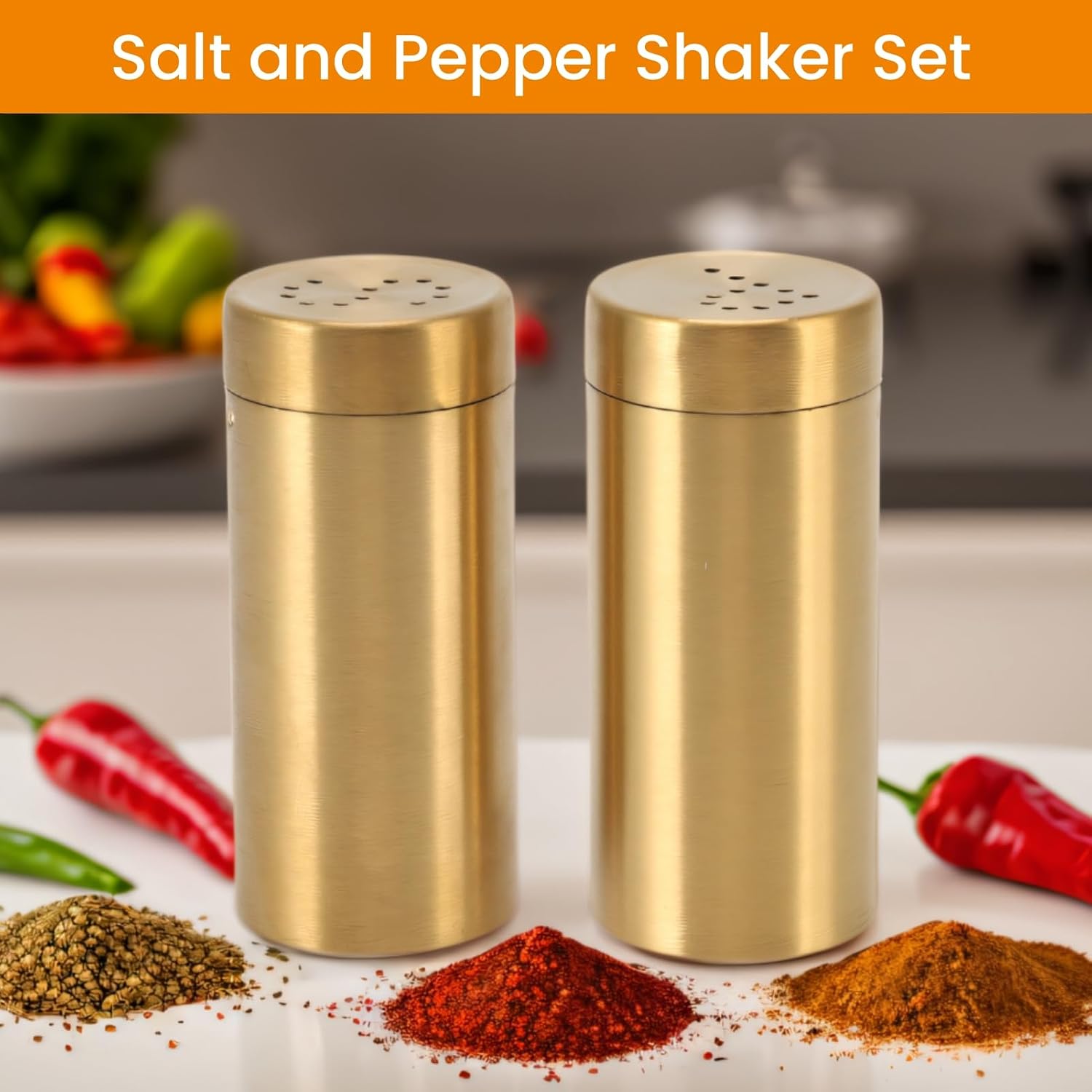 2 Pcs Salt and Shaker, Stainless Steel Gold Seasoning Bottle Screw Open Top Powdered Sugar Shaker Dredge Shaker for Kitchen Cooking