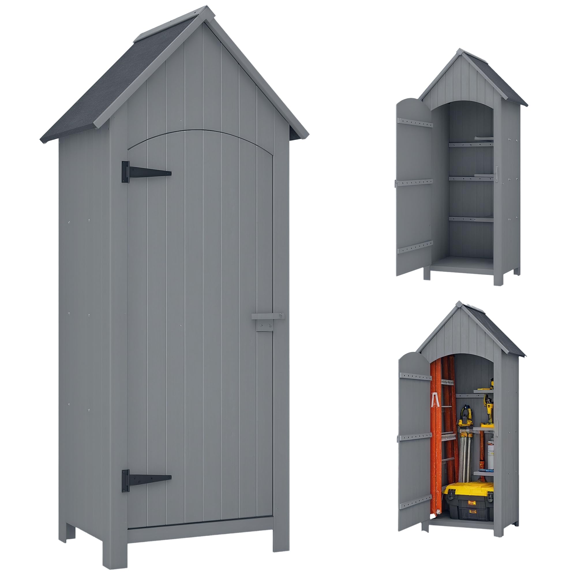 Outsunny Wooden Garden Storage Shed 3 Shelves 77.5 x 54.2 x 179.5cm Grey