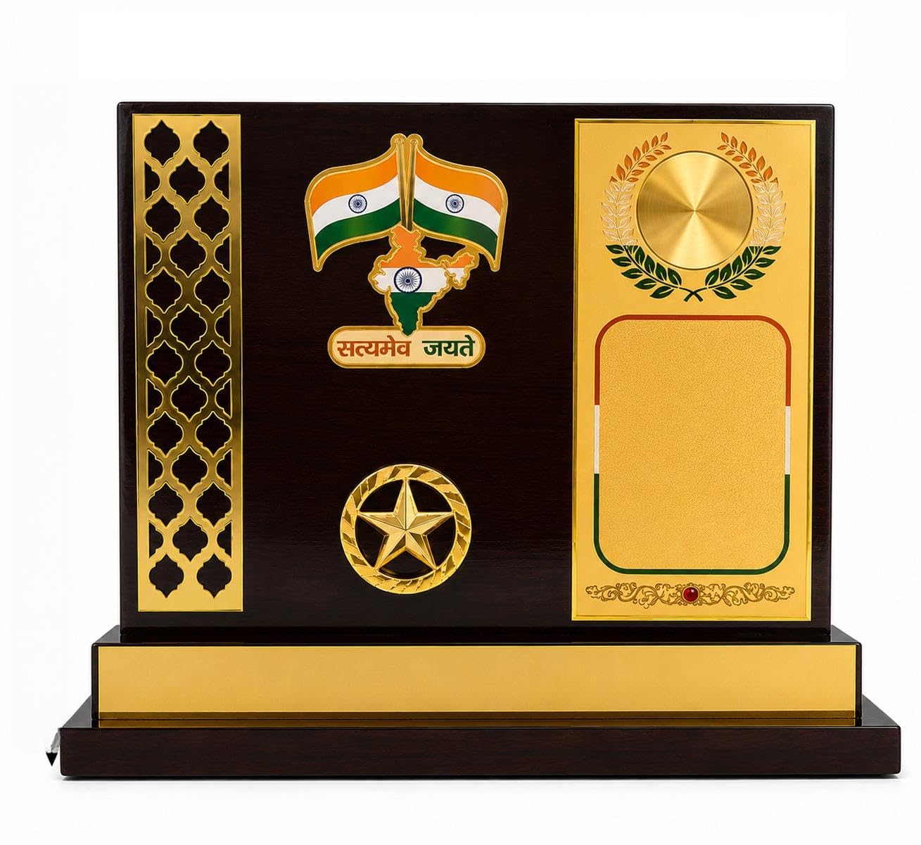 Wooden Momentos 11 Inch Height with jaali Flag Golden Circle Trophies, Award Recognition Trophy for Competitions, Ceremonies, and Achievements-picture-19