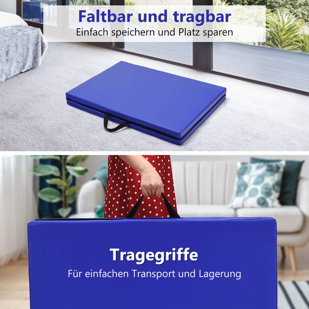 GYMAX Klappbare Trainingsmatte 180 x 60 x 4 cm, Turnmatte mit Griff, Fitnessmatte, Weichbodenmatte mit Kunstleder-Oberfläche & Schaumstoff, Gymnastikmatte für Gymnastik, Yoga & Pilates