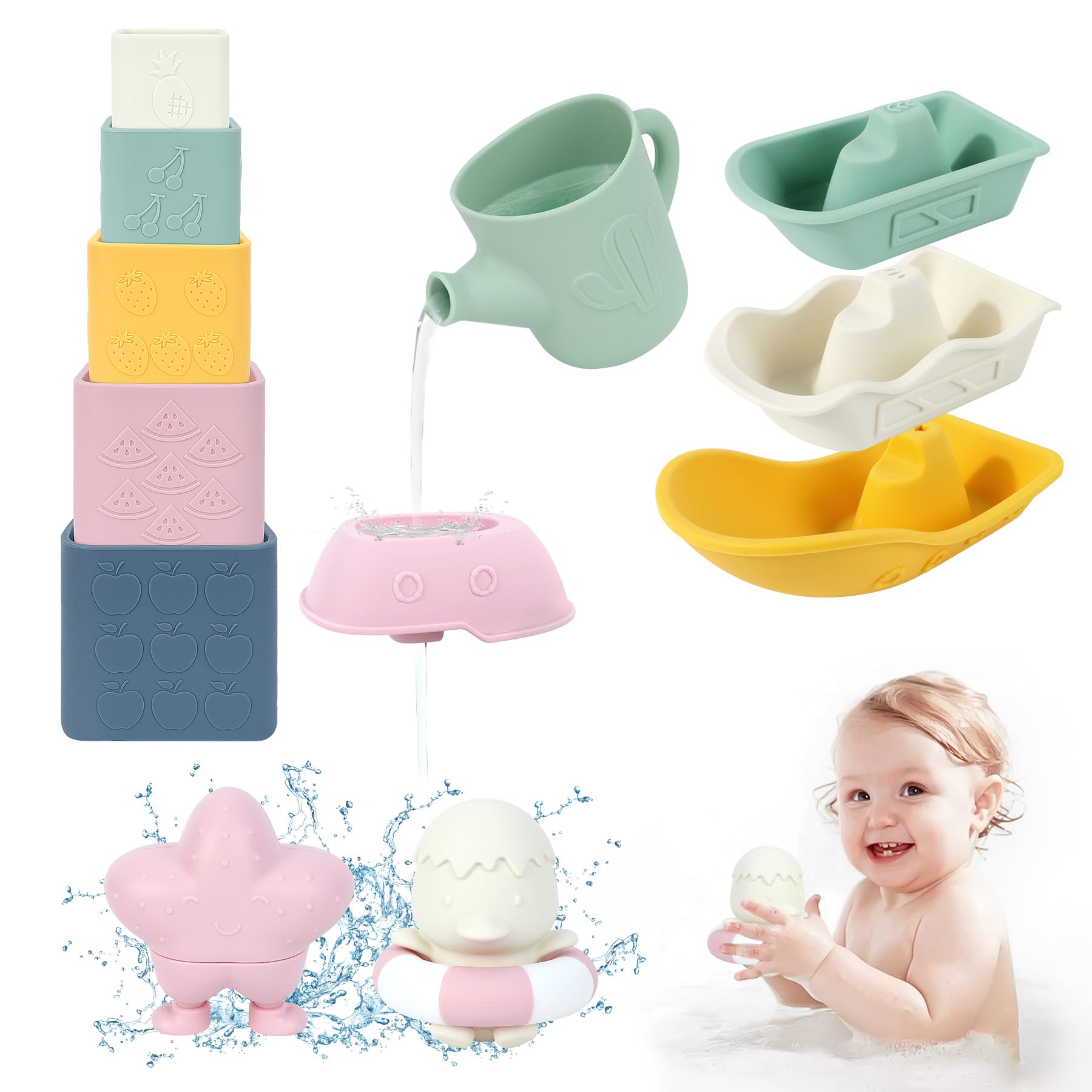 MCGMITT Juguetes Montessori para Bebés Set de Baño de Silicona 12 Piezas BPA-Free Juguetes Flotantes, Vasos Apilables, Patitos, Juguete Educativo Sensorial para Desarrollo Cognitivo Regalo 6-36 Meses