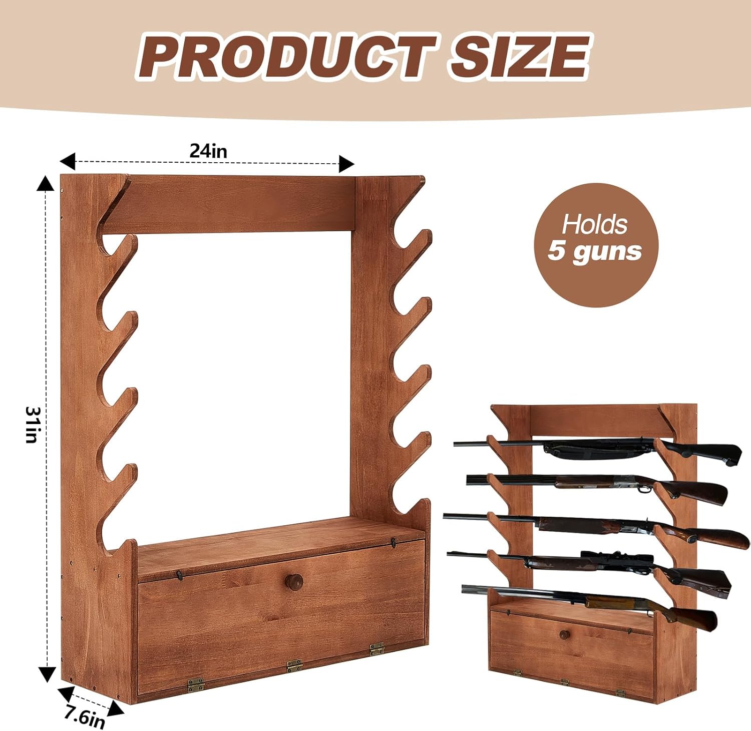 GlikCeil Walnut Color Gun Display Rack Pine Wood Firearm Display Rack Indoor Gun Cabinet Gun Shelf Rifle Display Case with Storage Compartment for Gun Accessories