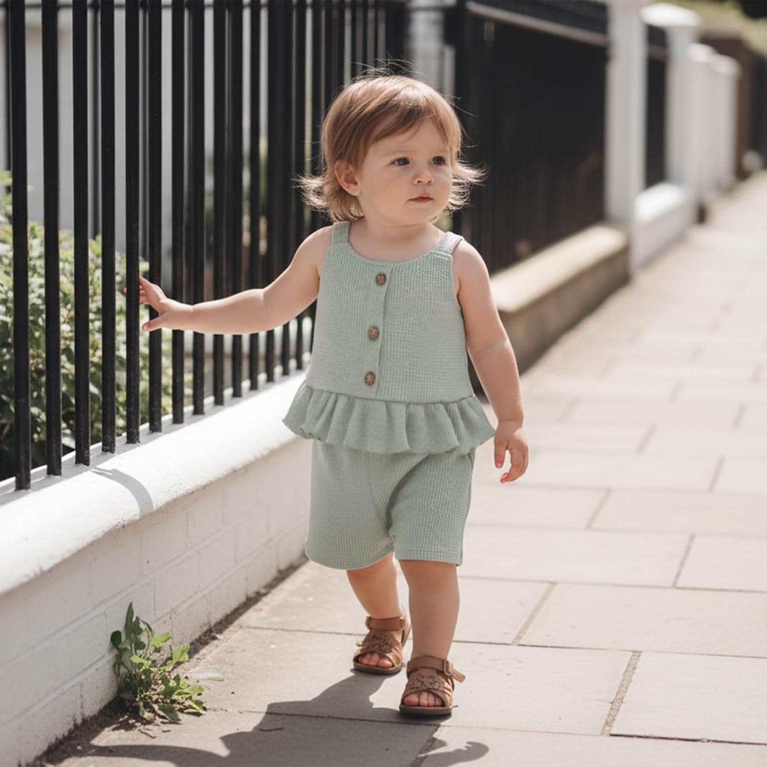 Toddler Baby Girl Summer Clothes Waffle Knit Ruffle Sleeveless Tank Tops Shorts Set Cute Girl Spring Summer Outfit - Image 6