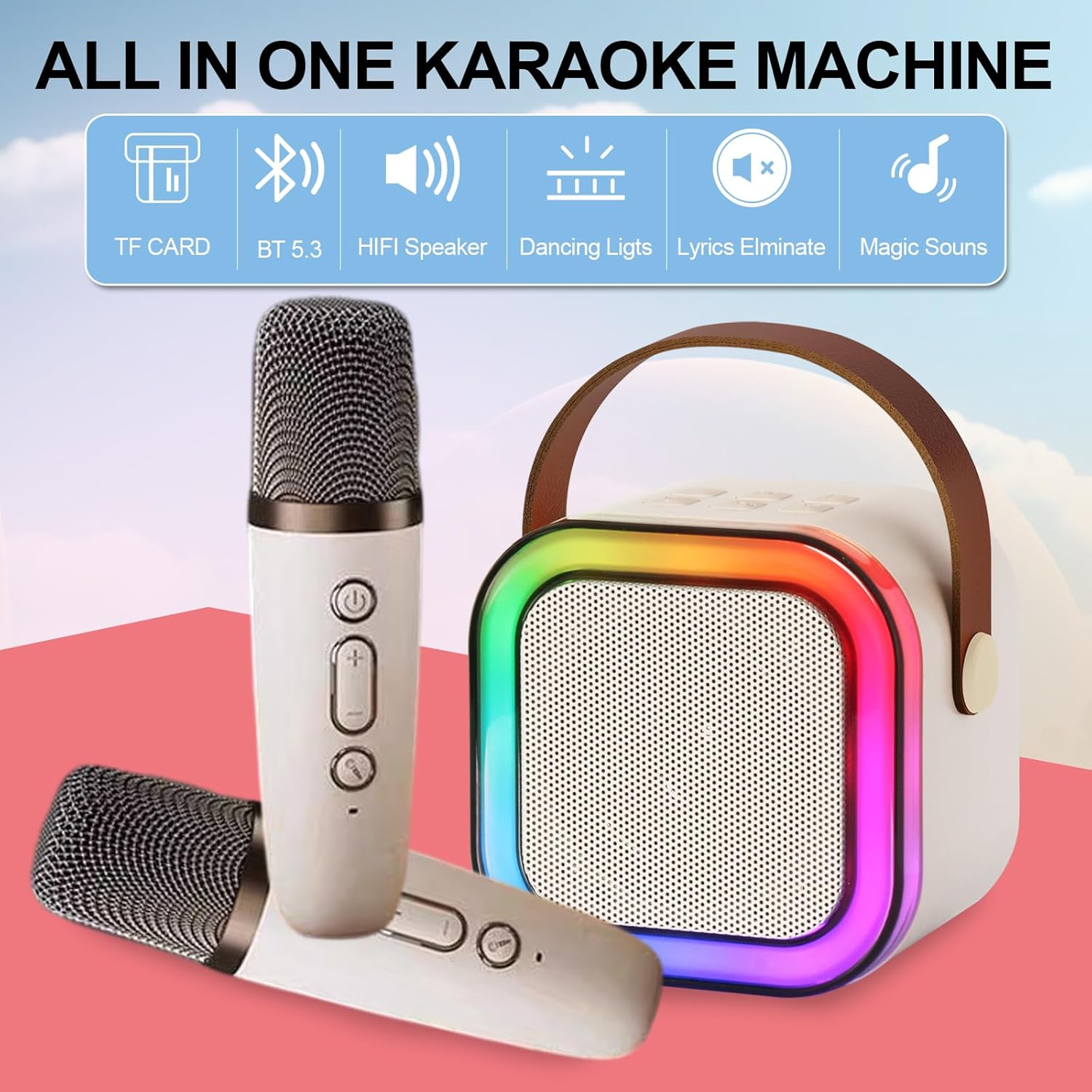 Karaoke Machine for Kids, Kids Karaoke Machine Gifts for Girls and Boys Family Party, Kids Karaoke Machine for Girls with 2 Wireless Microphones, Mini Portable Bluetooth Speaker (Ivory) - Image 7