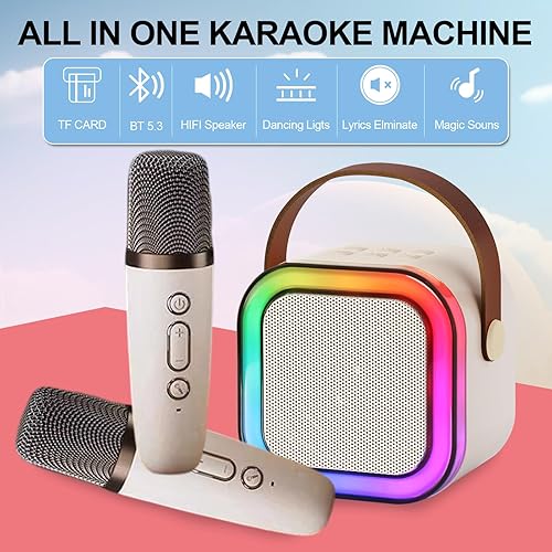 Miniatura 7 de Máquina de karaoke para niños, máquina de karaoke para niñas con 2 micrófonos inalámbricos, mini altavoz Bluetooth portátil para niños, máquina de