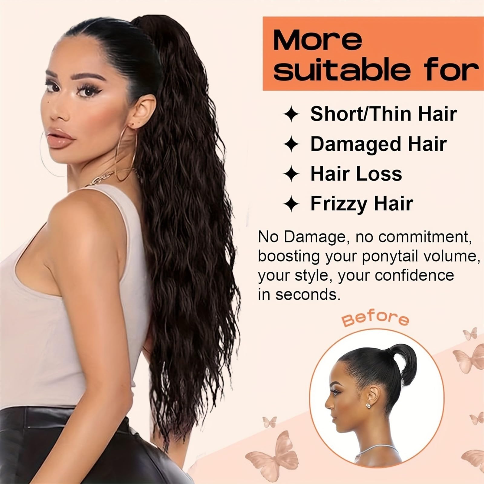 Cola de Caballo Extensión de cabello de cola de caballo for mujer, postizos de cola de caballo con cordón ondulado y rizado largo, cola de caballo falsa sintética, negro, Rubio y rojo Chica Postizos d