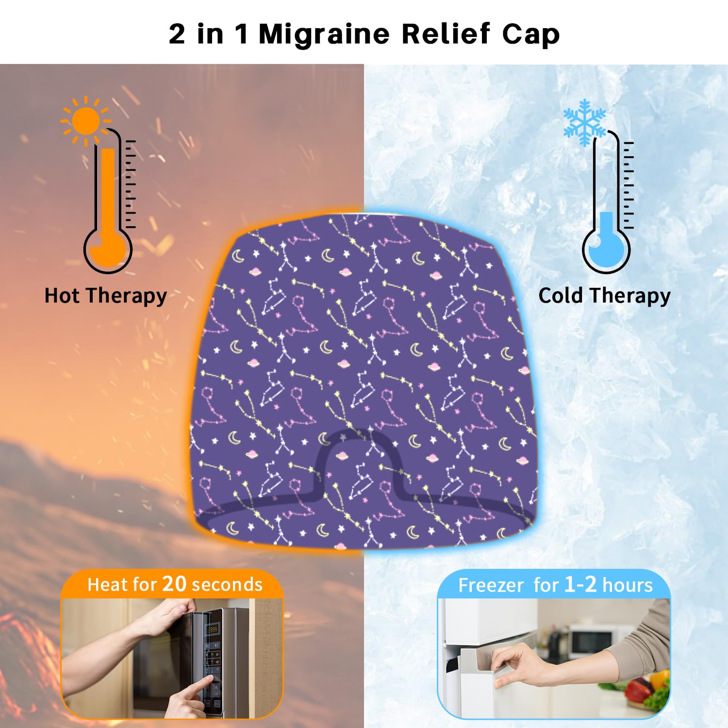 my novel things Gorro de alivio de migraña, máscara de gel refrescante para ojos, paquete de 2 unidades, alivio del dolor de cabeza con tapa de hielo caliente/frío, alivio instantáneo del dolor de