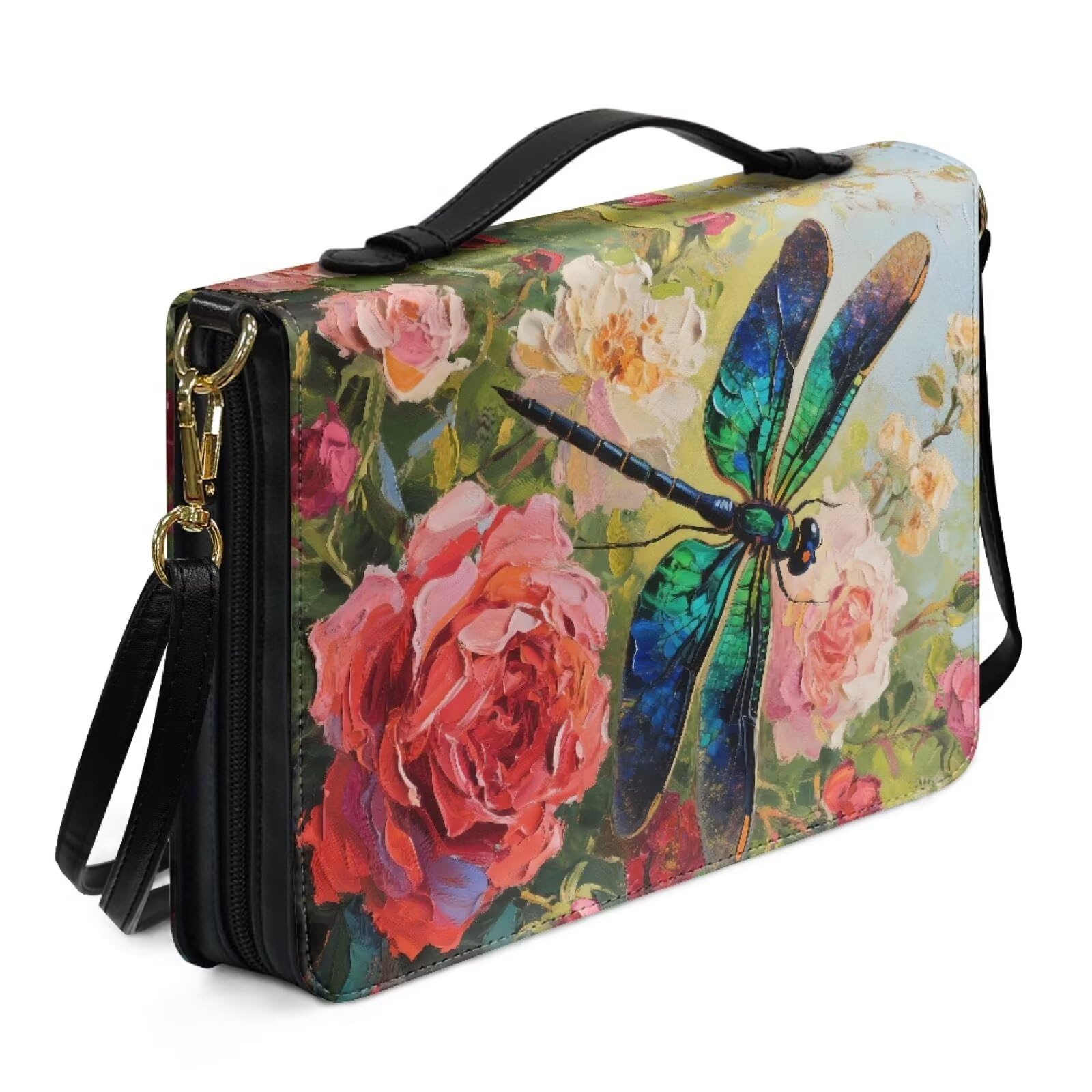 Kuiaobaty Dragonfly Flowers Painting Bible Book Carrying Book Case with Shoulder Strap, Oil Painted Dragonfly Bible Church Bag PU Leather,2XL