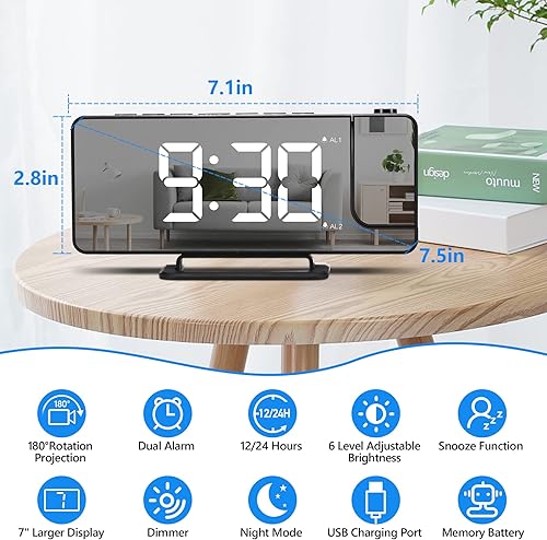 Miniatura 3 de U-pick Reloj despertador digital de proyección para dormitorios, reloj despertador LED de espejo grande de 7.3 pulgadas con cargador USB para
