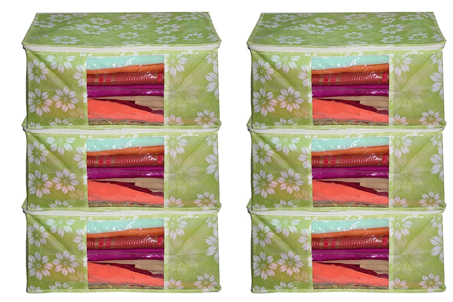 Jewar Mandi Garment Cover Non-Woven Printed Saree Cover Sari Organizer with Transparent Front Storage Bags for Clothes Pack Of 6 (Green & White)