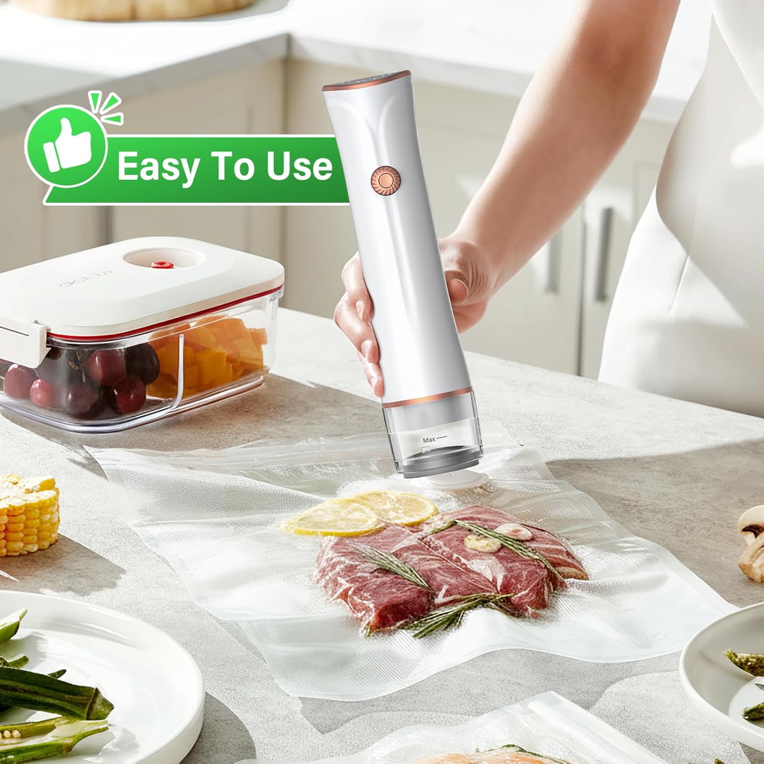 Portable Food Vacuum Sealer – Handheld Compact Vacuum Sealer for Home Use, Type-C Rechargeable, Includes 15 Medium & 15 Large Reusable Bags, Food Saver for Kitchen