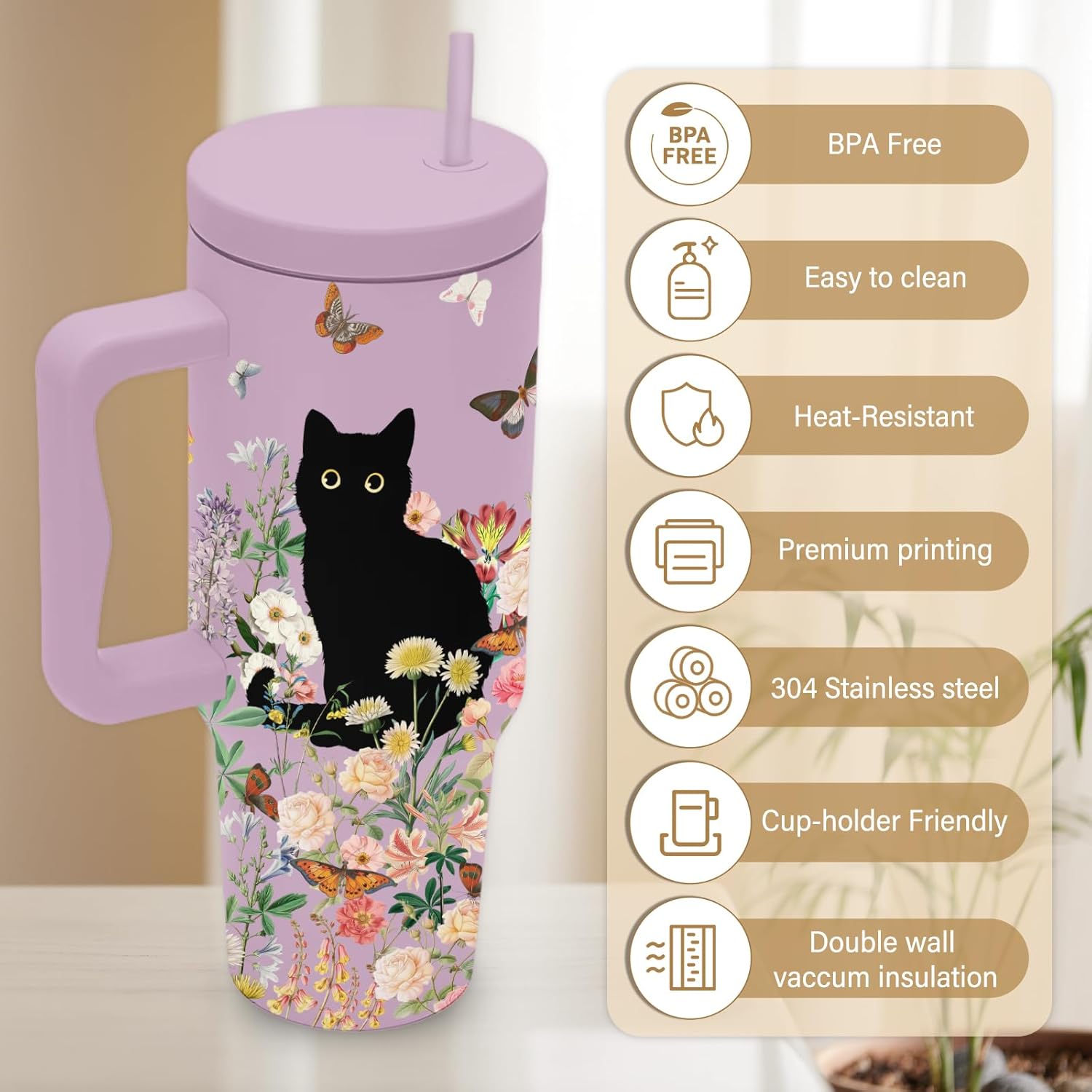 Cat Lover Gifts For Women, Stainless Steel Tumbler With Handle 40 Oz, Best Gifts For Cat Lovers, Birthday Christmas Valentine Anniversary Floral Gift For Women, Floral Tumbler Mug Cup - Image 5