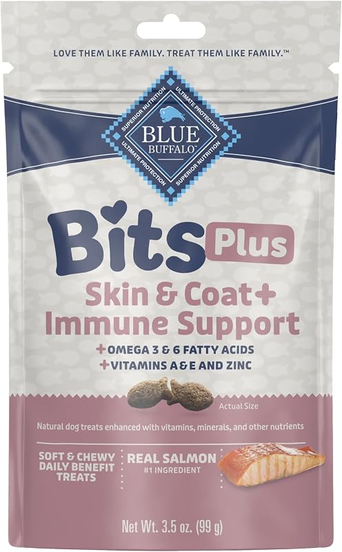 Blue Buffalo Bits Plus Salmon Dog Treats, 3.5 oz | Skin & Coat Health, Omega 3 & 6 Fatty Acids, Vitamin A, E & Zinc for Immune Support