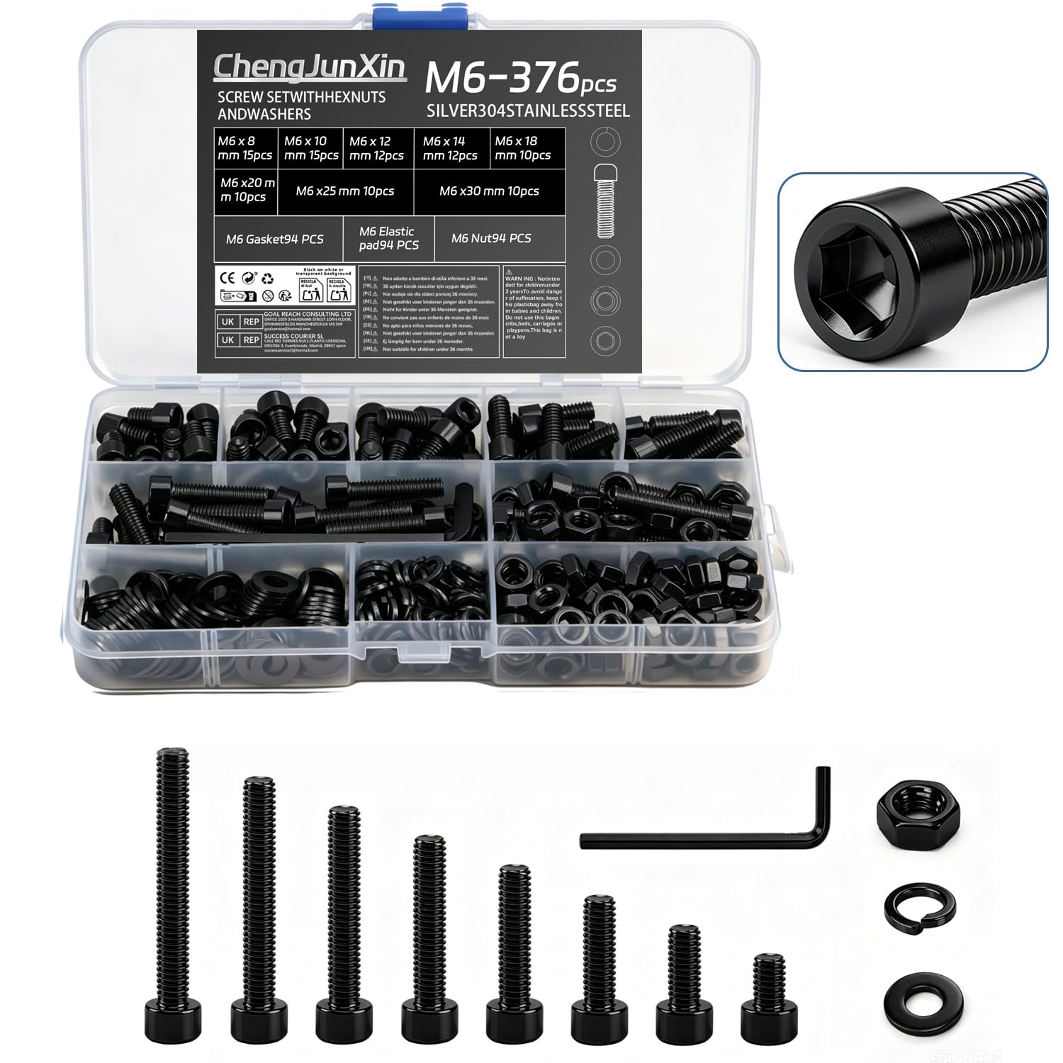 376Pcs M6 Bolts and Nuts Set,Hex Socket Cup Head Cap Screws,Black