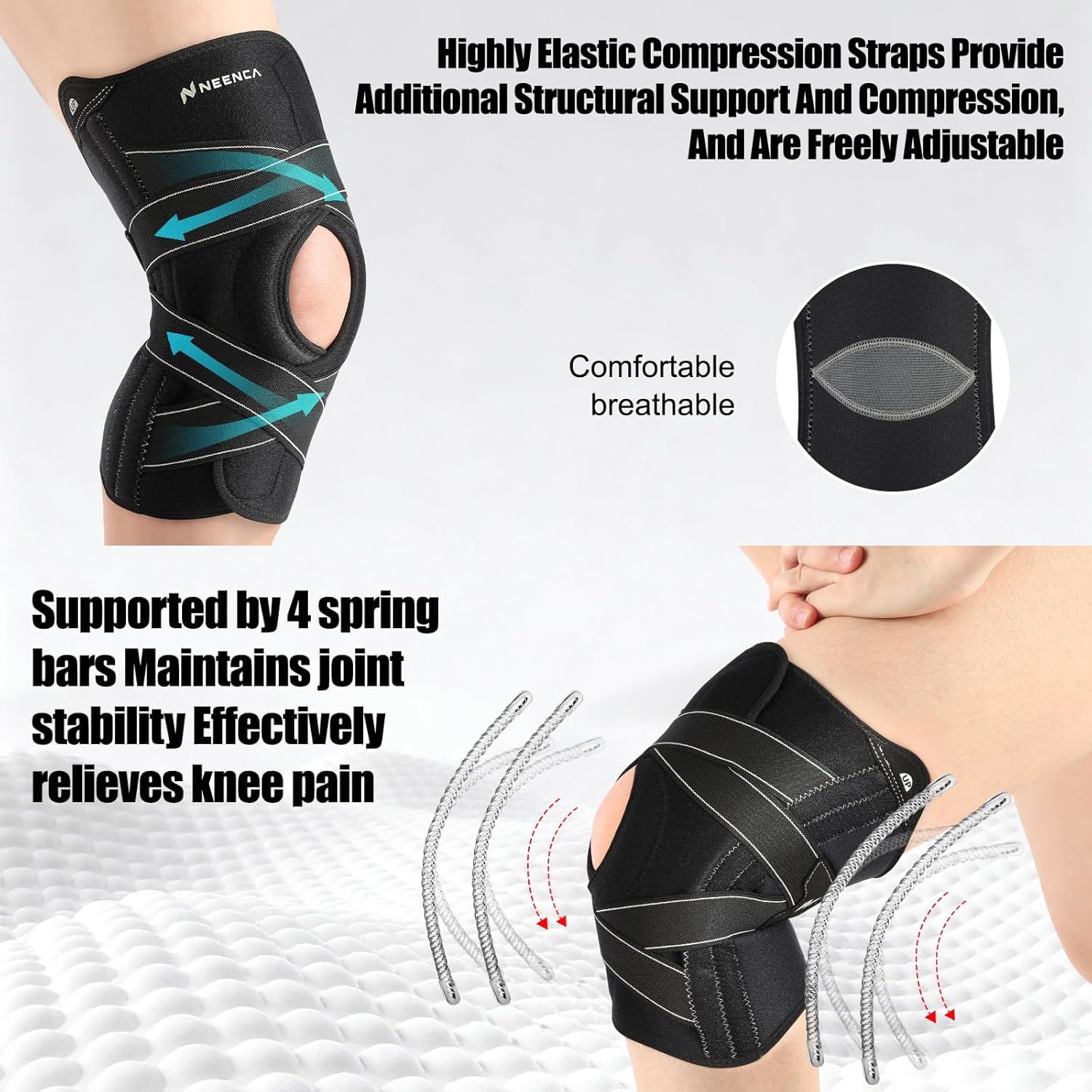 NEENCA Kniebandage für Damen Männ,Kompressions Kniestütze mit X-Straps Design-ACL, MCL, PCL,Meniskusriss & Arthritis,Stabilisierung des Gelenks mit seitlichen Stabilisatoren & Patella Gelpolstern
