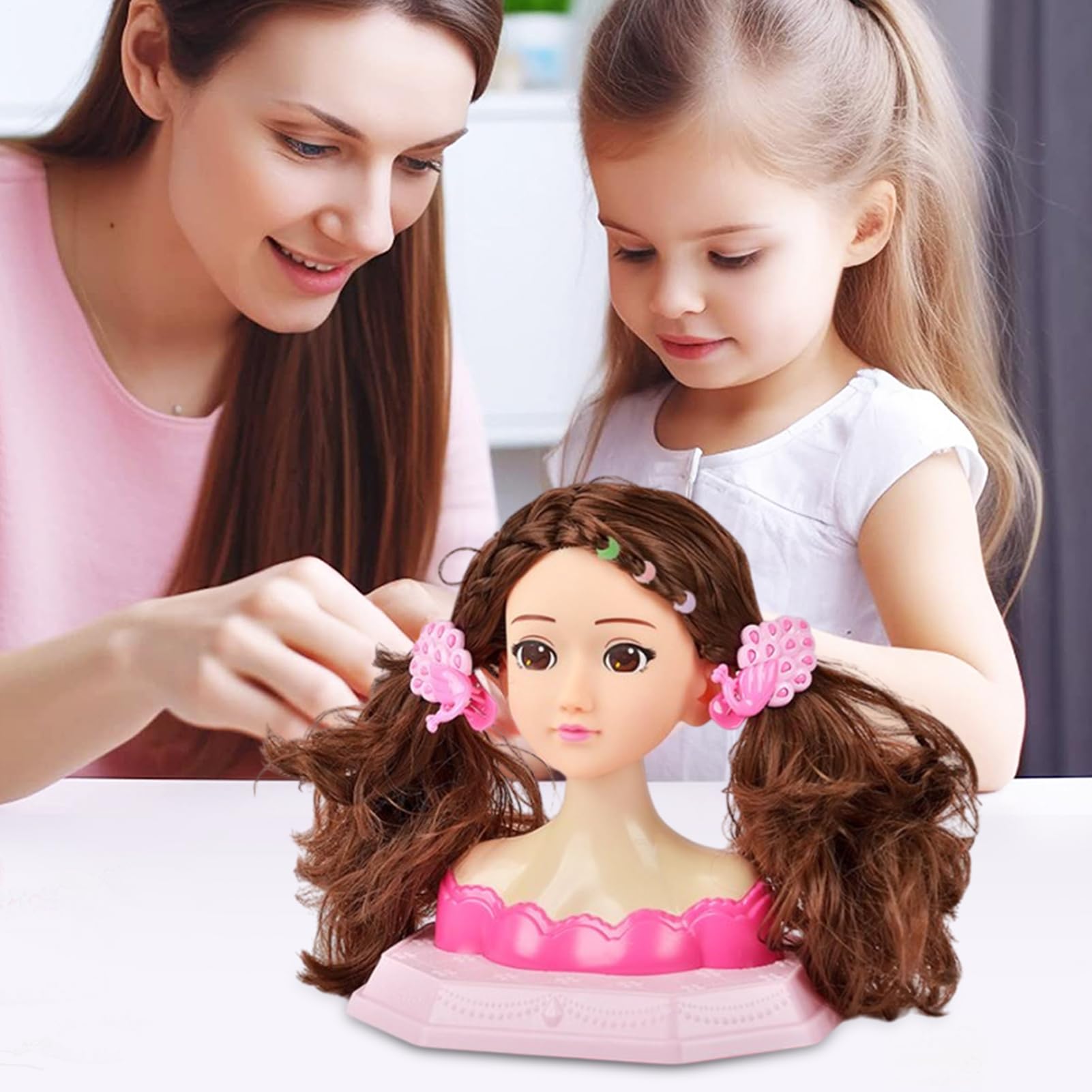 Giocattolo per lo styling dei capelli per bambine, 26 x 19 cm, in materiale ABS, morbido e sicuro, testa di manichino per trecce, taglio, trucco, gioco di apprendimento per parrucchieri in età