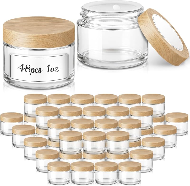 Potes de vidro transparentes Bumobum com tampas plásticas com padrão de madeira, 30 mL, Pacote com 48