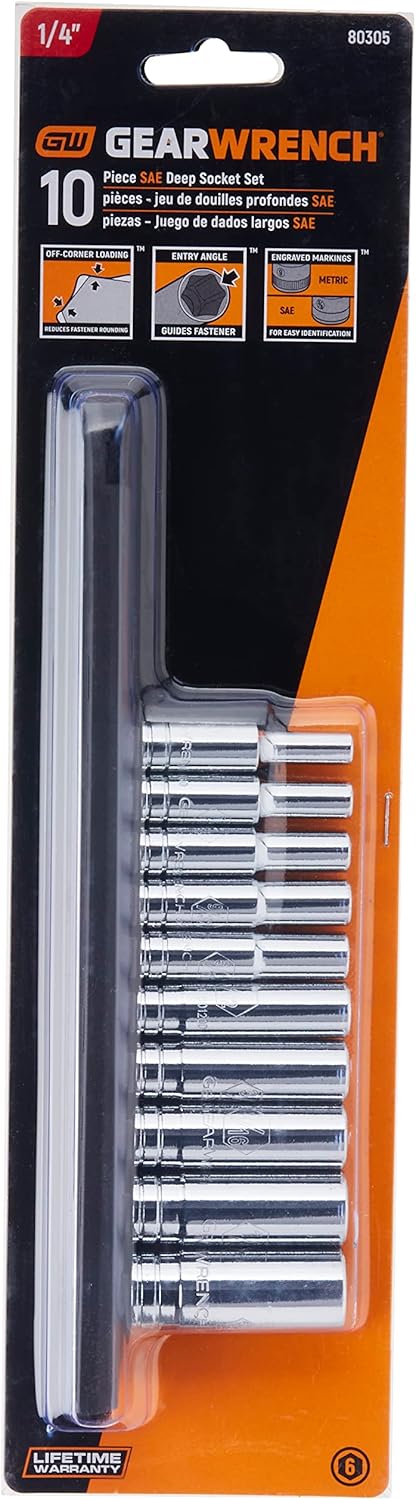 GEARWRENCH 10 Pc. 1/4" Drive 6 Pt. Deep Socket Set, SAE - 80305