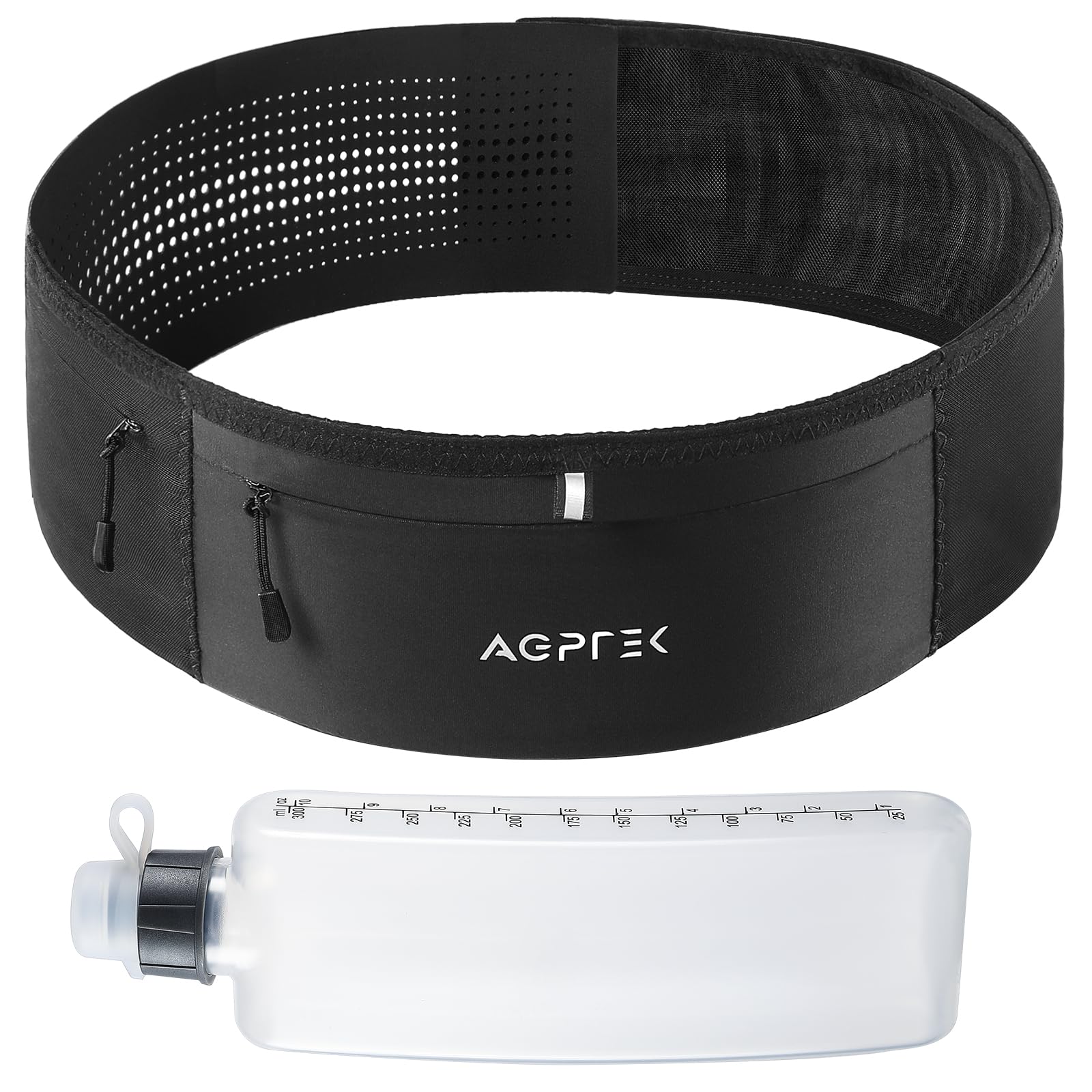 AGPTEK Running Belt with Water Bottles, Slim Breathable Waist Pack for Men Women, Adjustable Hook & Loop, Reflective Strips, Waterproof Phone Holder with Zipper for Running Hiking Marathon Cycling, M